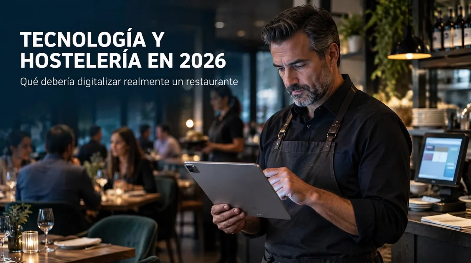 Tecnología y hostelería en 2026: qué debería digitalizar realmente un restaurante Propietario de un restaurante revisando datos de gestión en una tablet mientras el equipo trabaja en sala